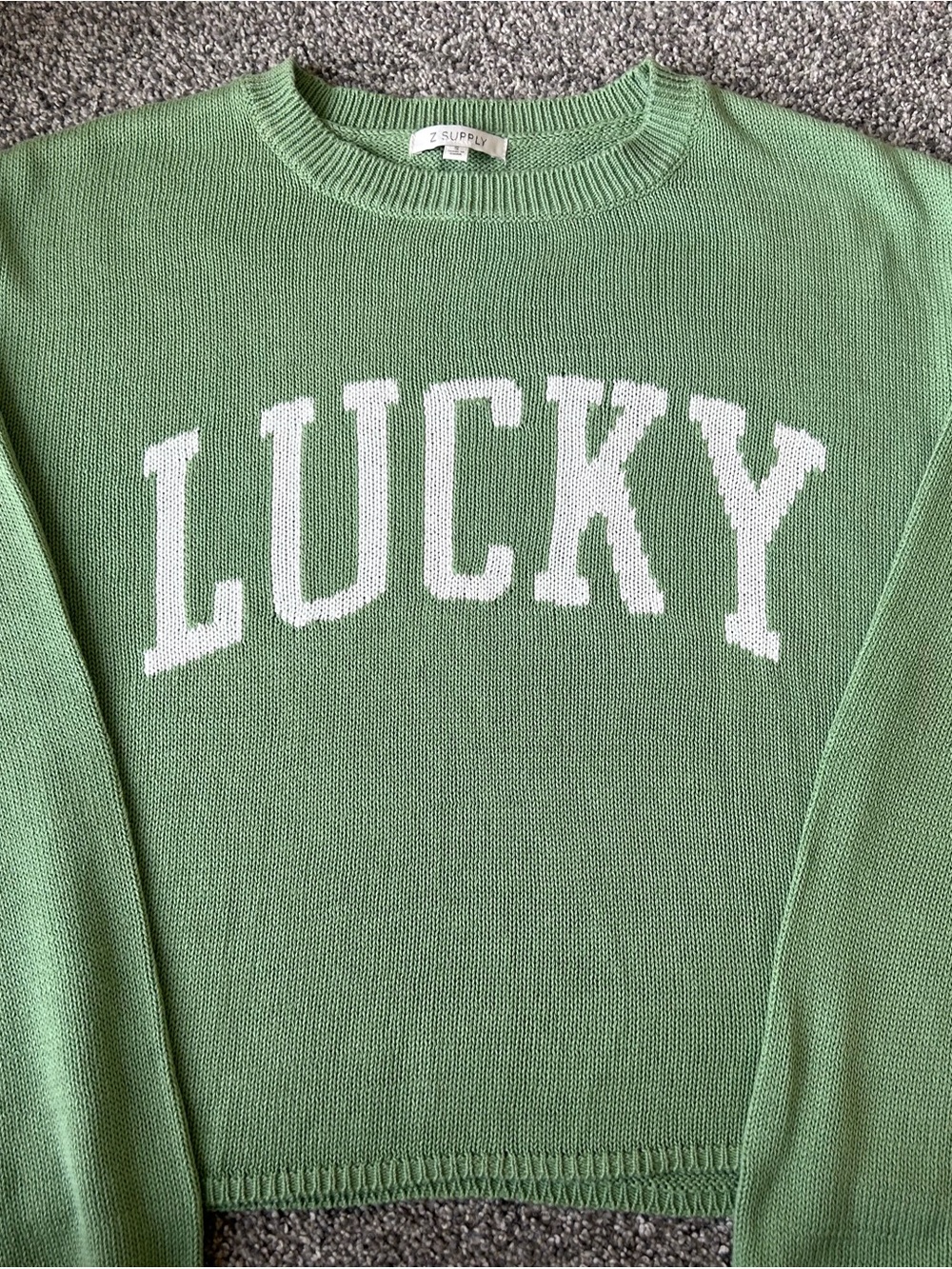 Z Supply Green Crewneck Sweater with White 'LUCKY' Script